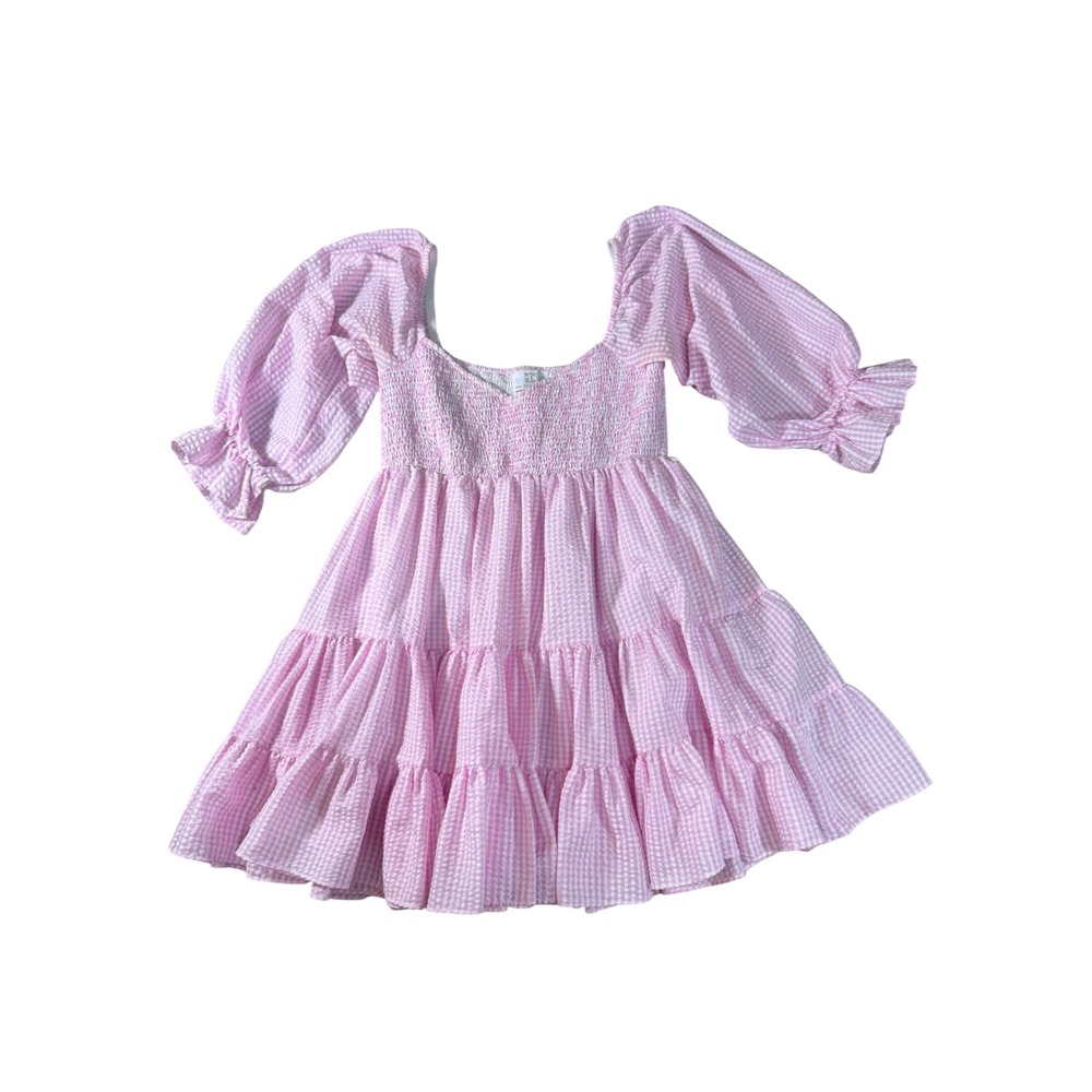 Babydoll Barbiecore Gingham Smocked Tiered‎ Mini Dress Puff Sleeve Pink Sz: M